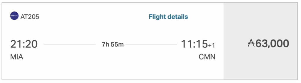Asia Miles itinerary on Royal Air Maroc- MIA to CMN for 63K.